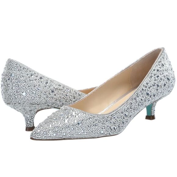 Betsey Johnson Sparkling Silver Kitten Heels - Picture 1 of 11